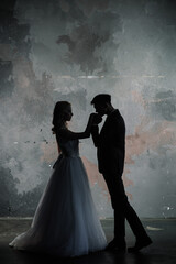 Art fashion studio photo of wedding couple silhouette groom and bride on colors background. Art...