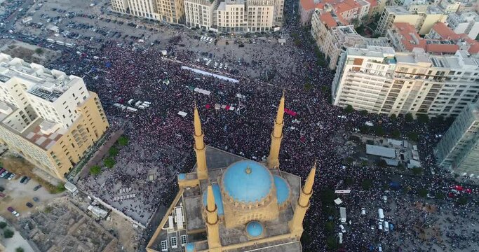 Beirut, Lebanon 2019 : day drone shot of Martyr square, during the Lebanese revolution, with thousands of protesters revolting against government failure and corruption