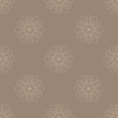 Simple light mandala flowers on beige background. Seamless abstract doodle pattern.
