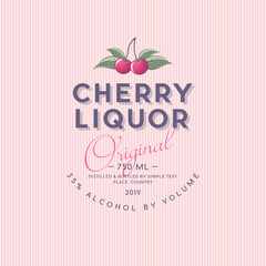 Liquor Label with Ripe Cherry and Letters. Red ripe fruits and letters in a rounded badge. Style Packaging Design.