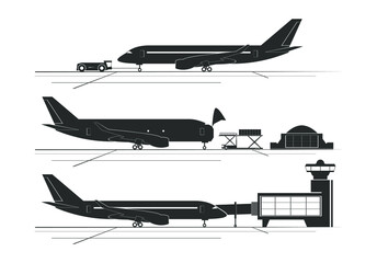 Silhouettes of aircraft at the airport. Vector illustration