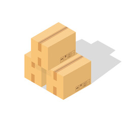 Fototapeta premium Carton delivery packaging closed box with fragile signs. Cardboard box. Isometry. Transportation, shipping. Vector illustration.