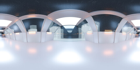 full 360 panorama space ship corridor with white futuristic design and reflections 3d rendering illustration © eliahinsomnia