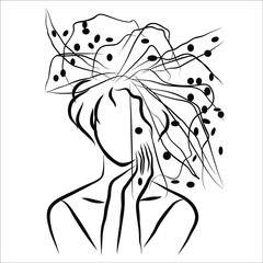 Vector linear image of a portrait of a lady in a hat with a veil. Vintage stylish illustration.