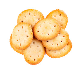Cracker isolated on white background. Dry cracker cookies isolated. Salty snacks isolated. Top view.