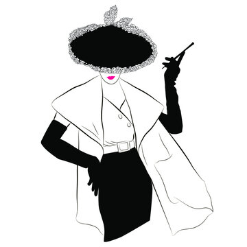 Vector linear image of a lady in a hat and gloves. Vintage illustration.