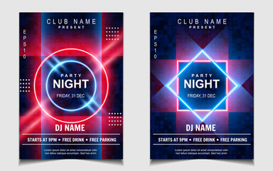 Night dance party music poster flyer layout design template background with neon light and dynamic style. Colorful electro style vector for concert disco, club party, event invitation, cover festival