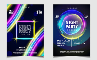 Night dance party music poster flyer layout design template background with neon light and dynamic style. Colorful electro style vector for concert disco, club party, event invitation, cover festival