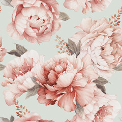 Seamless floral pattern with peony flowers on summer background, watercolor. Template design for textiles, interior, clothes, wallpaper. Botanical art © ola-la