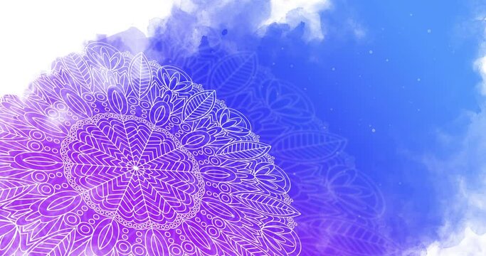 Oriental mandala pattern rotates on an abstract blue watercolor background. Animation loop.