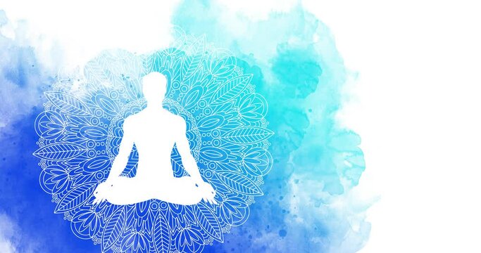 The silhouette of a man sits in a lotus position against the background of the oriental mandala and watercolor.