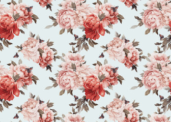 Naklejka na ściany i meble Seamless floral pattern with peony flowers on summer background, watercolor. Template design for textiles, interior, clothes, wallpaper. Botanical art