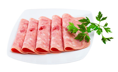 Sliced sausage from chopped pork meat