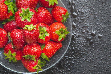 Macro picture of vivid bowl with strawberries on black background with water drops on the side. Right side for copy space. Red summer berries, as wallpaper concept. Flat lay composition.