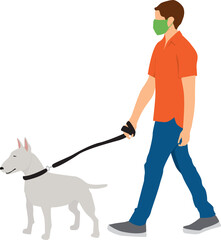 Young man walking dog wearing protective face mask COVID-19