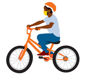 Black boy riding bicycle wearing protective face mask COVID-19