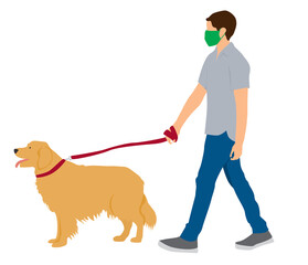 Young man walking dog wearing protective face mask COVID-19