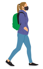 Young woman walking with backpack wearing protective face mask coronavirus