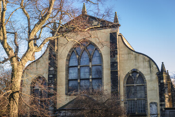 Facade of Greyfriars Church in Edinburgh city, UK