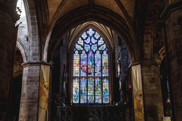 Fototapeta na wymiar Stained glass in cathedral of Saint Giles in Edinburgh city, UK
