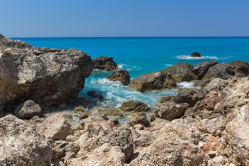 blue waters and rocks of Megali Petra Beach, Lefkada, Greece