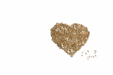 Grains of wheat, barley, rye, oat on white background close up, natural dry grain in shape of heart with scattered seeds on right isolated, top view. Free space for text. Concept photo love of nature