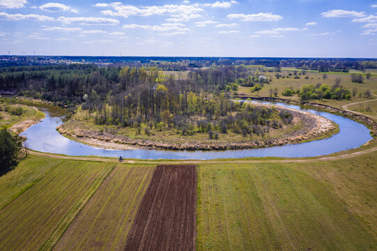 Drone view of meanders of river Liwiec in Mazowsze region of Poland
