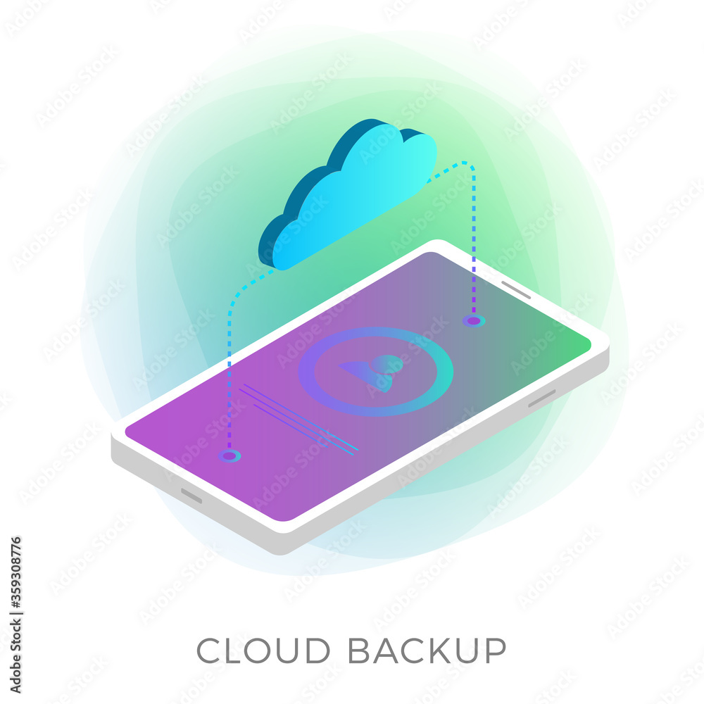Poster cloud backup flat vector icon with mobile smartphone and cloud that exchange data (upload and update