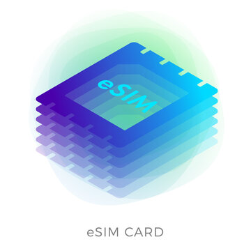 eSIM chip sign flat vector icon. Embedded-SIM card isometric mobile cellular global internet communications. Futuristic projection sim card isolated on white background