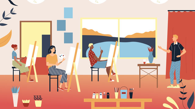 Art School Concept, Human Creativity And Talents. Talented Characters Studying To Paint Pictures At Art School. Teacher Teaches Artists To Paint On Easels. Cartoon Flat Style. Vector Illustration