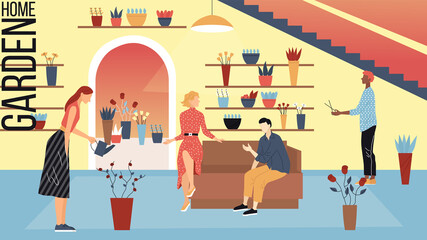 Fototapeta premium Modern Flower Shop Concept. People Choose Beautiful Bouquets In Florist Store. Male And Female Characters Take Care Of Plants And Make Garden At Home. Cartoon Linear Outline Flat Vector Illustration