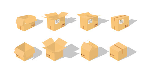 Set of closed and open cardboard boxes on white background with fragile signs. Transportation, shipping. Cardboard box mockup. Vector illustration.