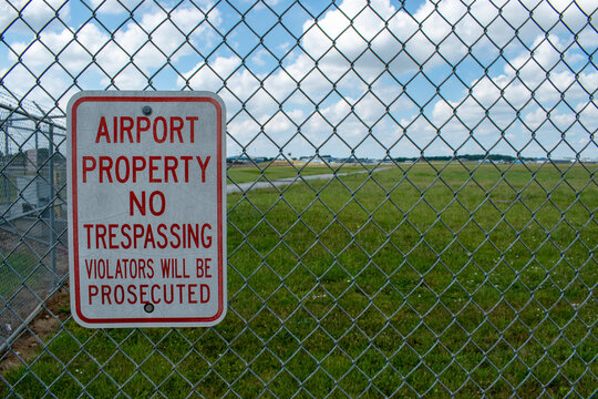 A sign warns against trespassing at Hagerstown Regional Airport (HGR) in Washington County, Maryland.
