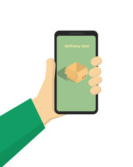 Hand holding mobile smart phone with app delivery tracking. Order delivered message. Vector illustration concept for web landing page template, banner, flyer and presentation.