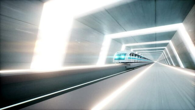 futuristic modern train, monorail fast driving in sci fi tunnel, coridor. Concept of future. Realistic 4k animation. Loopable.