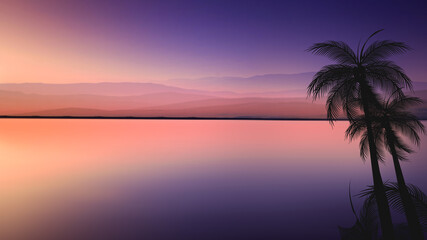 Fototapeta na wymiar itle: palm trees at sunrise with orange sea and clouds