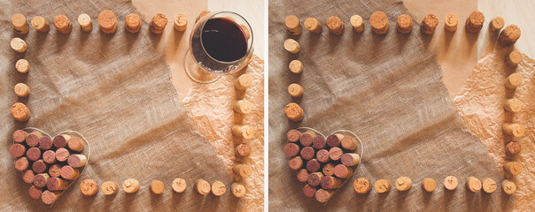 Red wine cork heart, white and craft paper sheets, blue flower on rustic sackcloth background. A couple of frame borders for card, bar restaurant menu, winery ads, party invitations or wedding decor