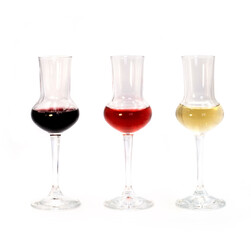 Dry white, semi-sweet rose and vintage aged tannin red wine in small tasting glasses isolated on white background. For winery, bar or restaurant degustation event ads, cards or posters