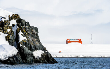 Fototapeta premium Rocks of the Half Moon Island, an Antarctic island, the South Shetland Islands of the Antarctic Peninsula region.