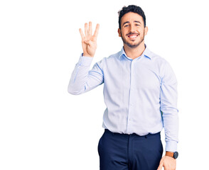 Young hispanic man wearing business clothes showing and pointing up with fingers number four while smiling confident and happy.
