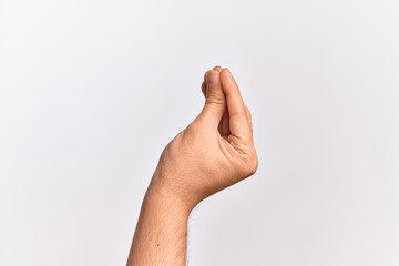 Hand of caucasian young man showing fingers over isolated white background doing Italian gesture with fingers together, communication gesture movement