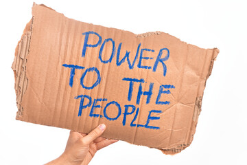 Cardboard banner asking for people rights and power over isolated white background