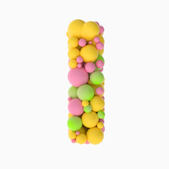 3D rendering hebrew type stacked from multicolor balls inside letter. Concept kids and education symbols isolated. Alphabet made of transparent letter 