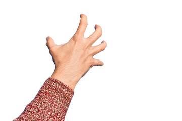 Hand of caucasian young man showing fingers over isolated white background grasping aggressive and scary with fingers, violence and frustration