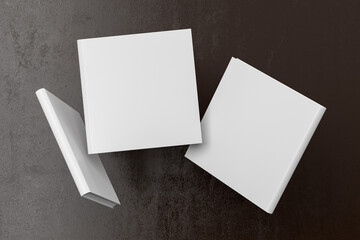 Square blank book cover mock up flying over brown background. Front, spine and back cover views. 3d illustration