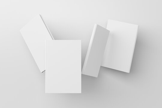 Blank Book Cover Mock Up Flying Over White Background. Front, Spine And Back Cover Views. 3d Illustration