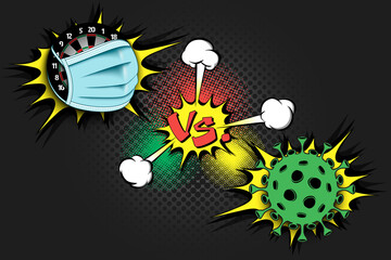 Banner darts vs covid-19. Dartboard with a protection mask against coronavirus sign. Cancellation of sports tournaments. The worldwide fight against the pandemic. Vector illustration