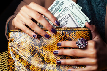 pretty fingers of african american woman holding money closeup with purse, luxury jewellery on python clutch, cash for gifts
