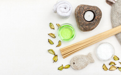 layout of accessories for Spa treatments on a white background, top view, with space