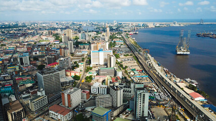Aerial view of Marina commercial business district Lagos Island Nigeria